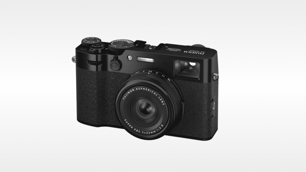 Fujifilm X100VI Black Digital Camera on a light grey background.