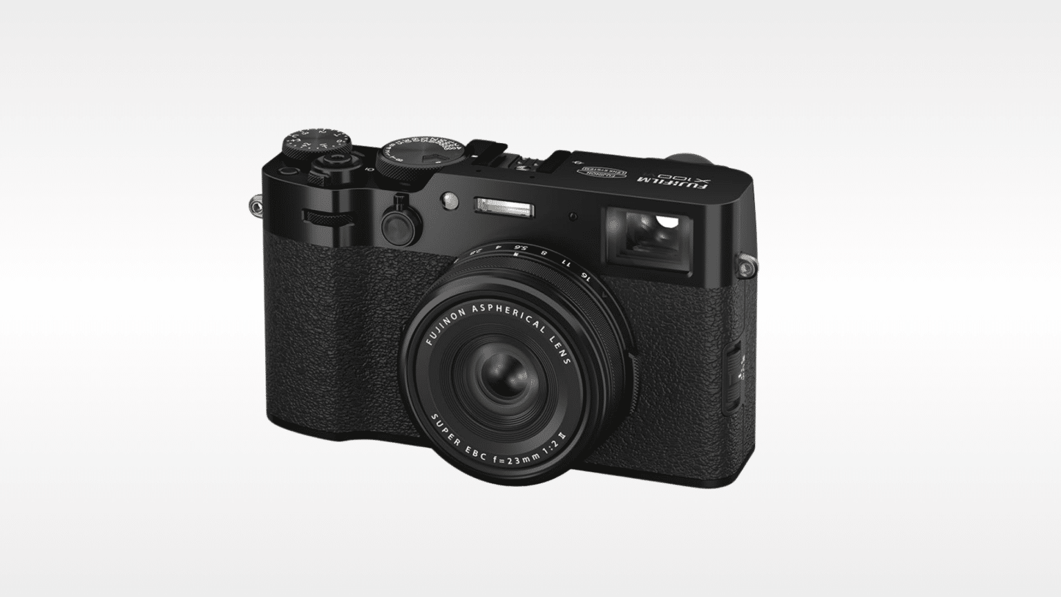Fujifilm X100VI Black Digital Camera on a light grey background.
