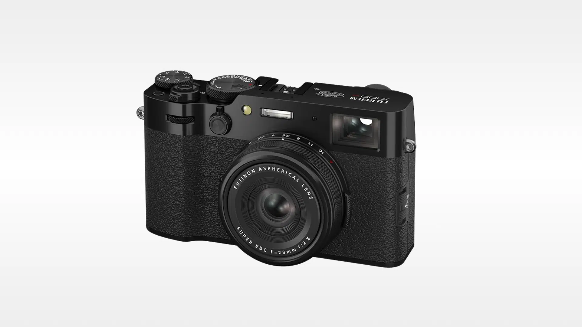 Fujifilm X100VI Black Digital Camera on a light grey background.