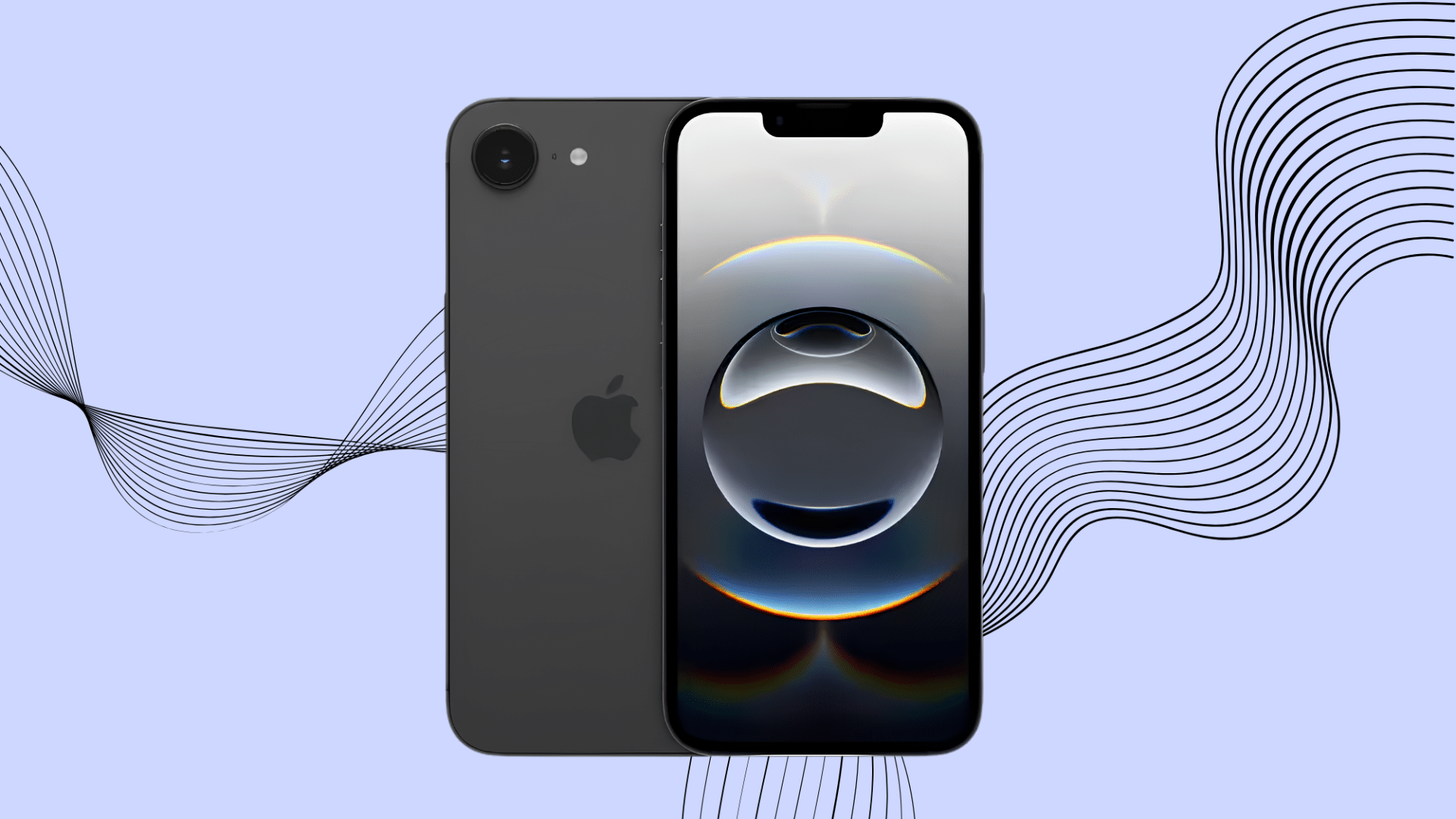 iPhone 16e shown from the front and back against a light lavender background with abstract black wave lines