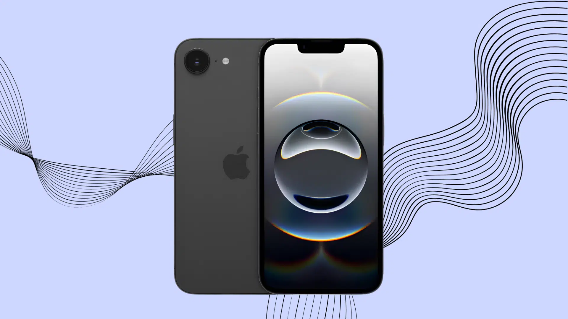 iPhone 16e shown from the front and back against a light lavender background with abstract black wave lines