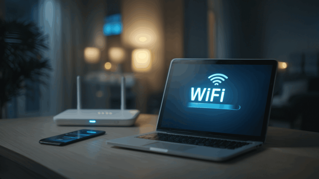 Laptop and smartphone showing WiFi network security key settings beside a wireless router. (1)