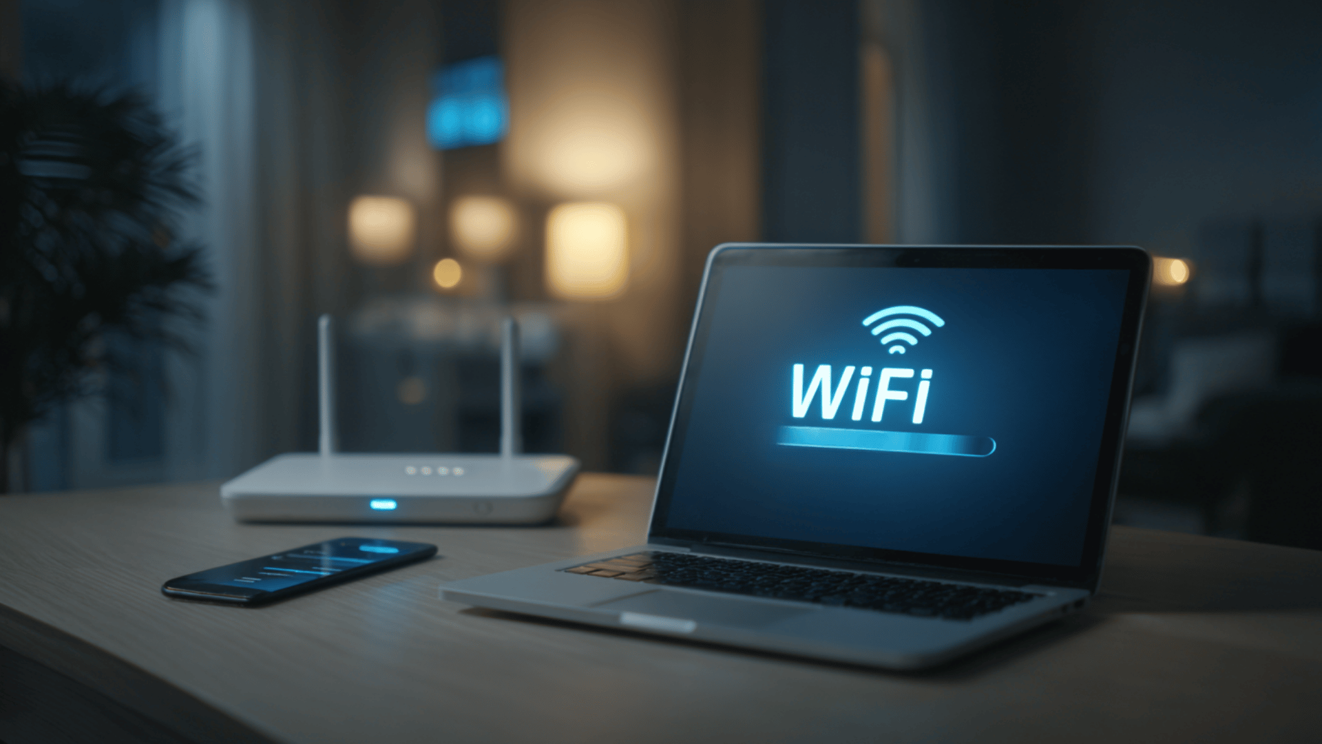 Laptop and smartphone showing WiFi network security key settings beside a wireless router. (1)