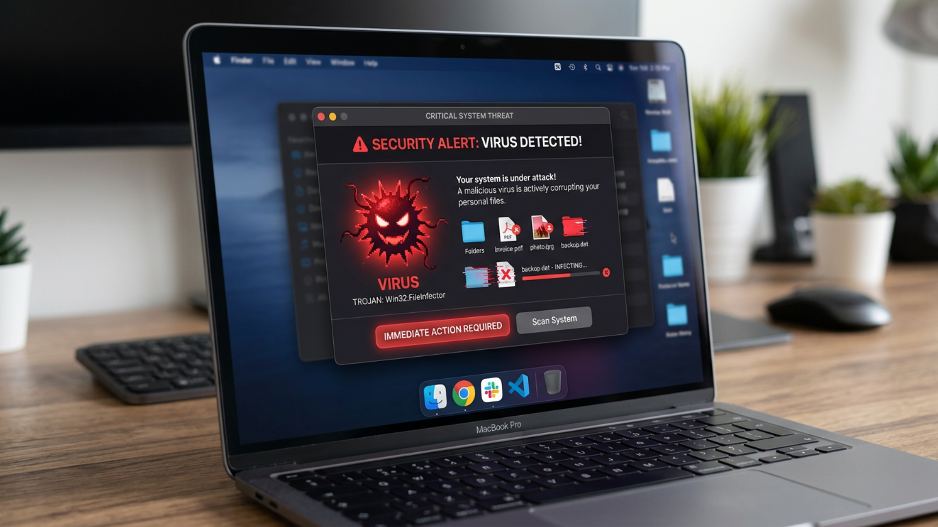 Laptop screen showing a virus warning alert with files being infected in a digital interface