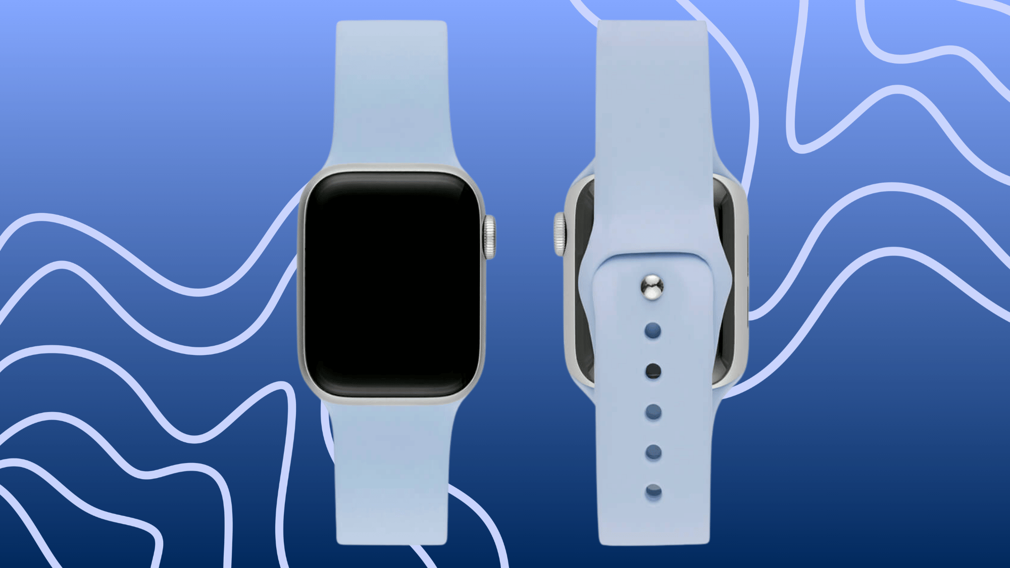 Light blue silicone Apple Watch sport band front and back view.