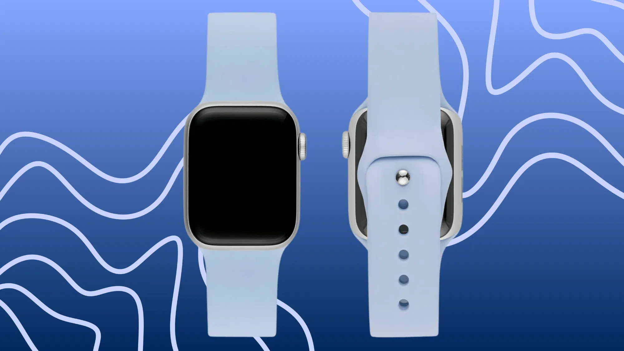 Light blue silicone Apple Watch sport band front and back view.