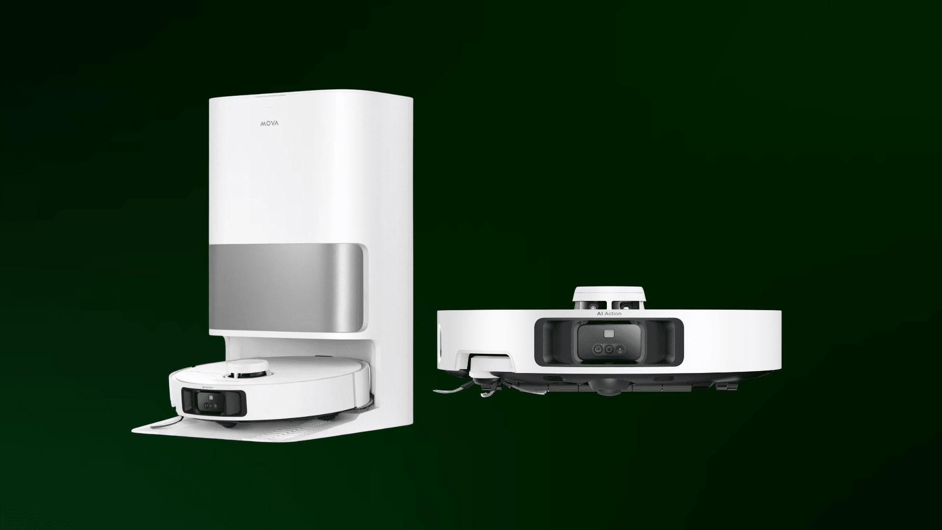 Mova P10 Pro Ultra robot vacuum on dark green background showing clean lines and compact shape