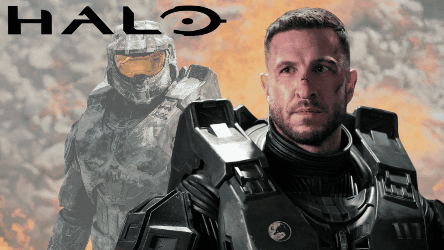 Pablo Schreiber representing his role in the TV series Halo against a still from the series.