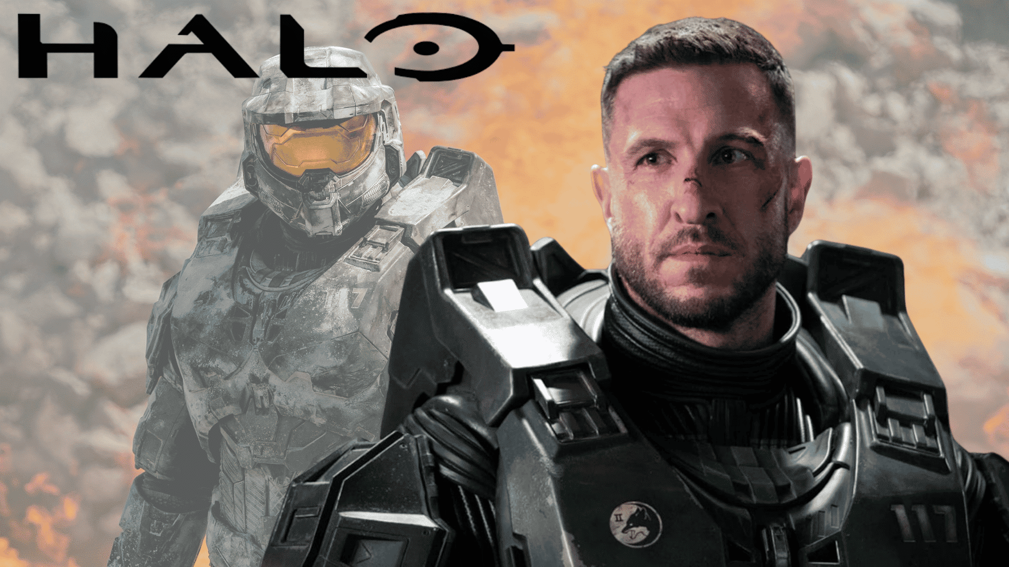 Pablo Schreiber representing his role in the TV series Halo against a still from the series.