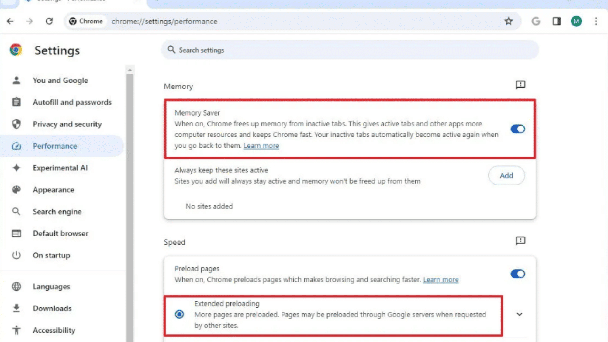 ChromeOS settings screen showing performance mode and animation settings options on a Chromebook.