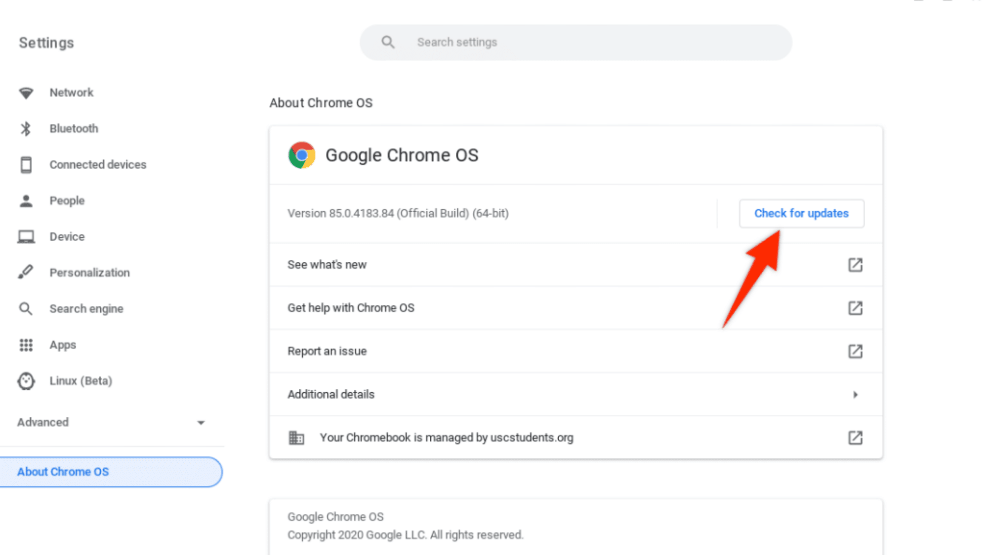 ChromeOS settings screen showing the Check for Updates option to restart and update a Chromebook.
