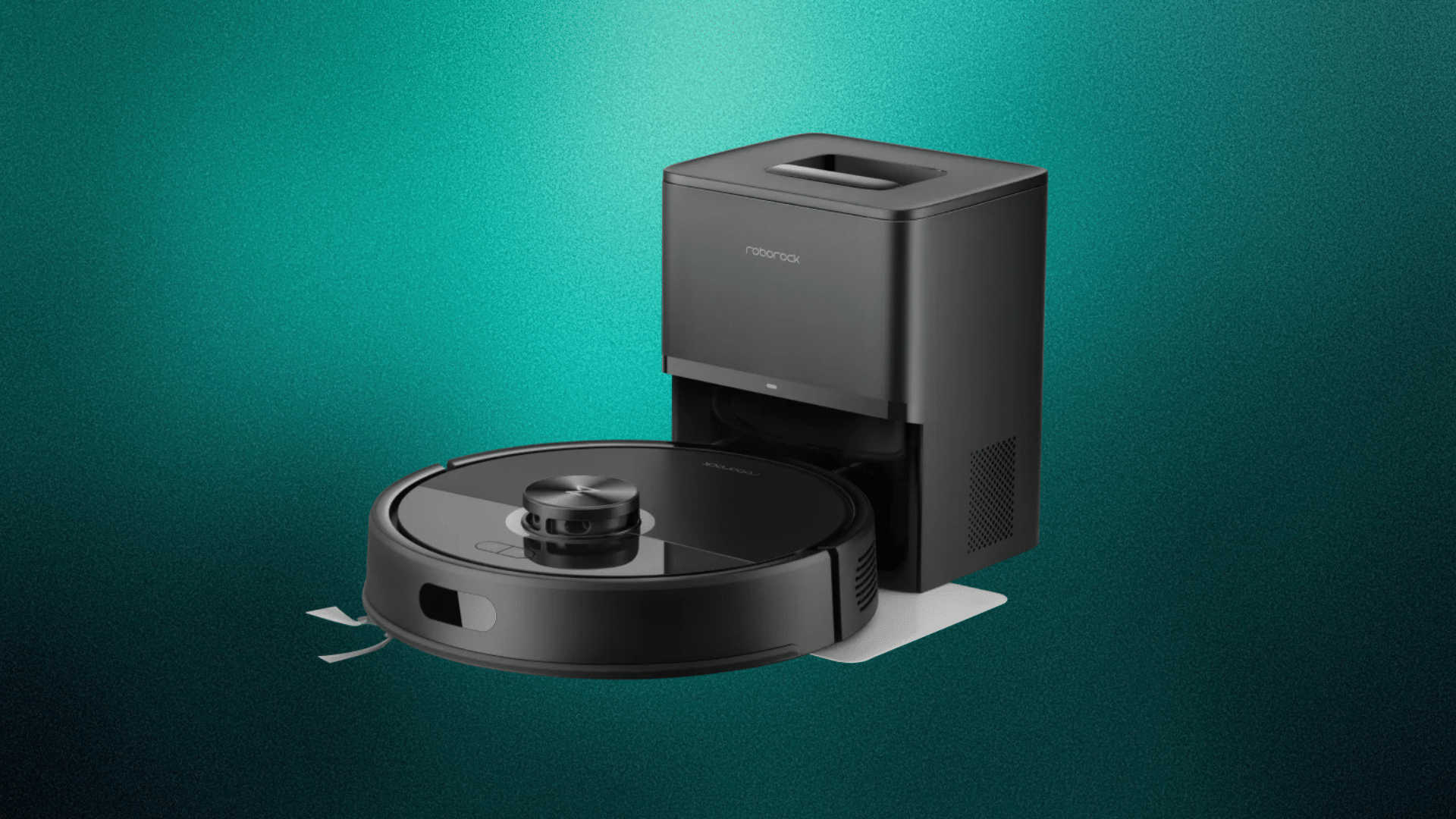 Roborock Q7 M5 robot vacuum on dark green background with simple and clean presentation