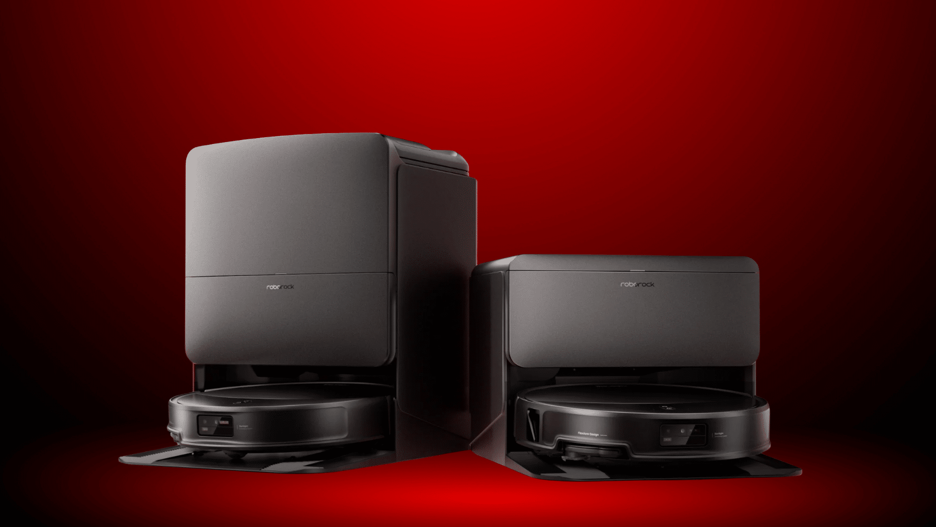 Roborock Saros 20 robot vacuum on a dark red background, studio lighting, soft shadow, premium product shot, high detail