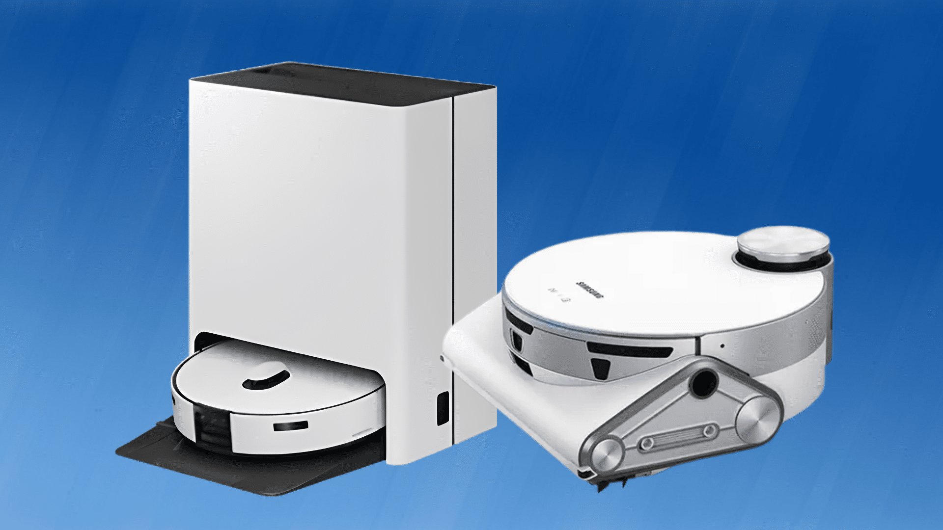 Samsung Jet Bot AI Plus robot vacuum on blue background with modern and minimal design