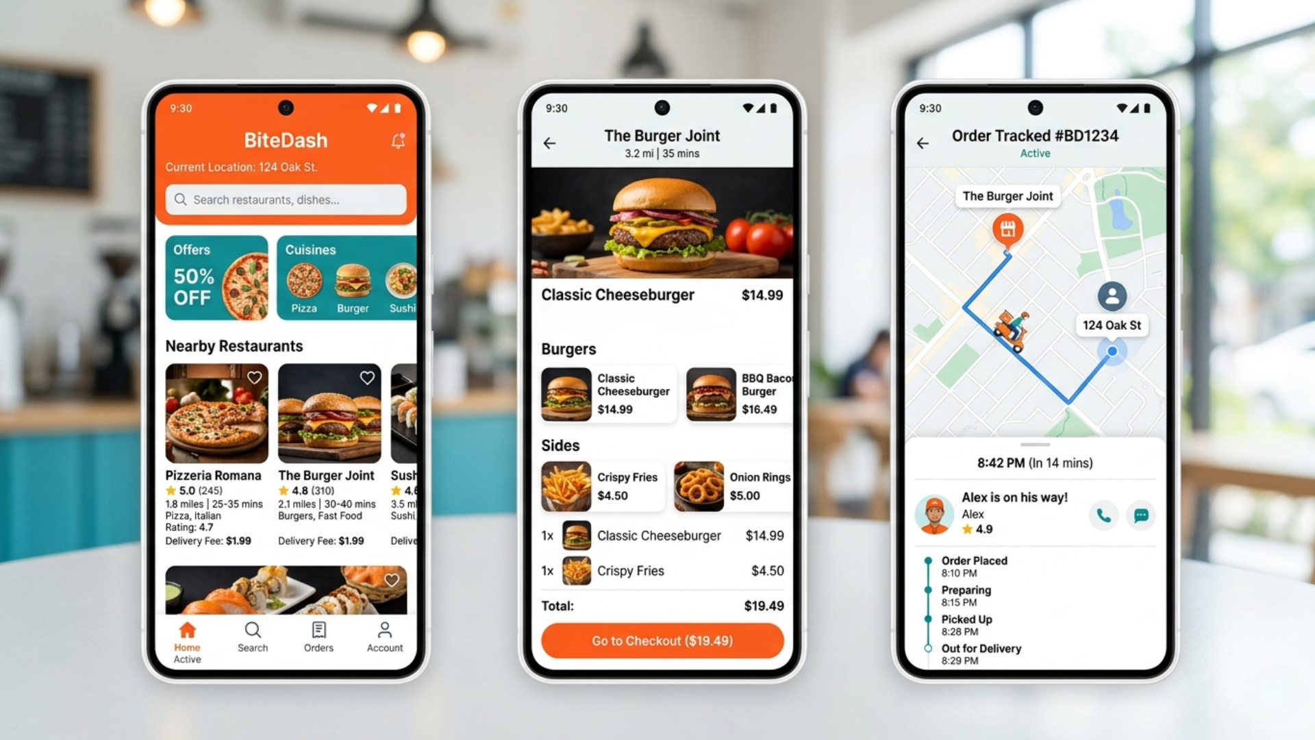 Smartphone showing food delivery app interface with menu, order screen, and live delivery tracking map