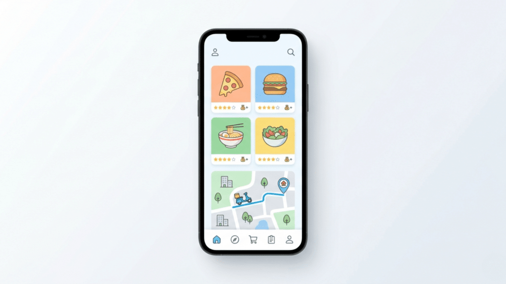 Smartphone showing simple food delivery app UI with icons, food images, and map route in clean design