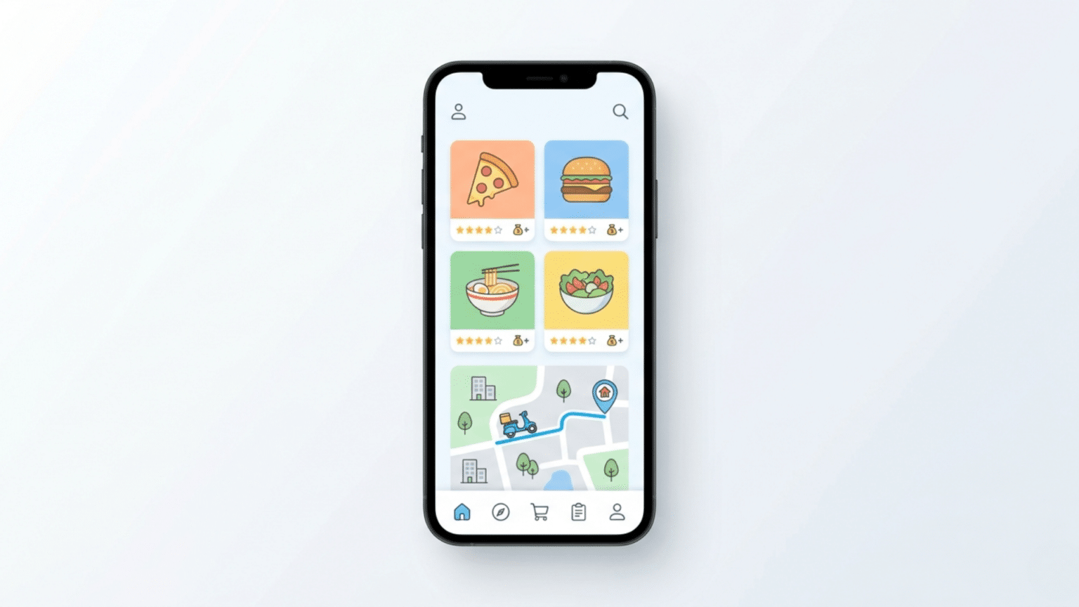 Smartphone showing simple food delivery app UI with icons, food images, and map route in clean design