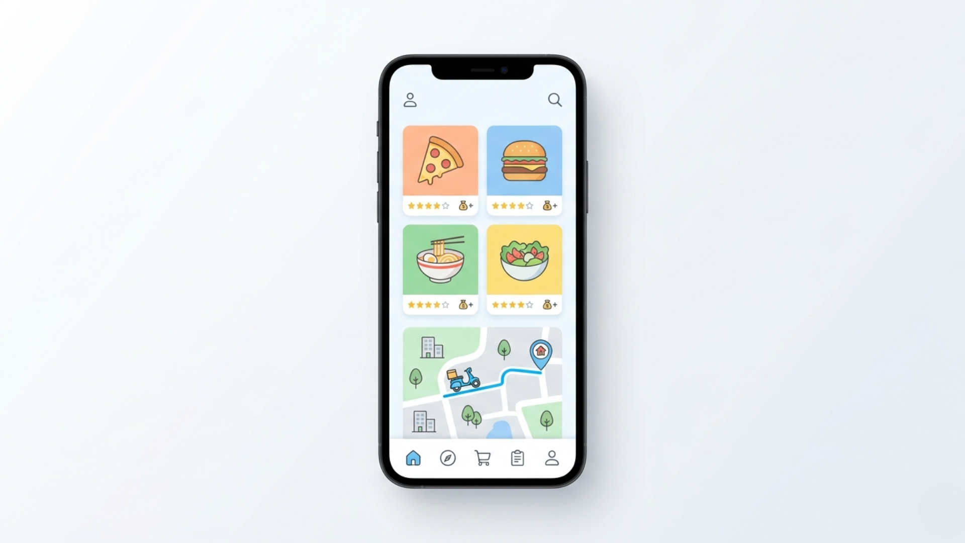 Smartphone showing simple food delivery app UI with icons, food images, and map route in clean design