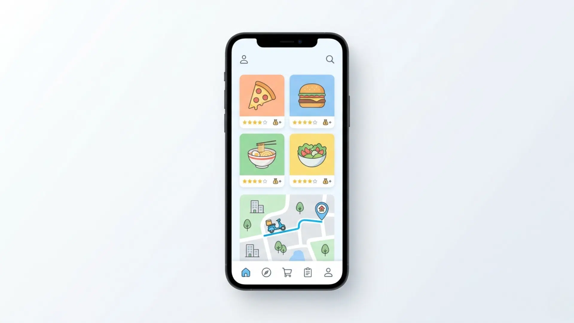 Smartphone showing simple food delivery app UI with icons, food images, and map route in clean design
