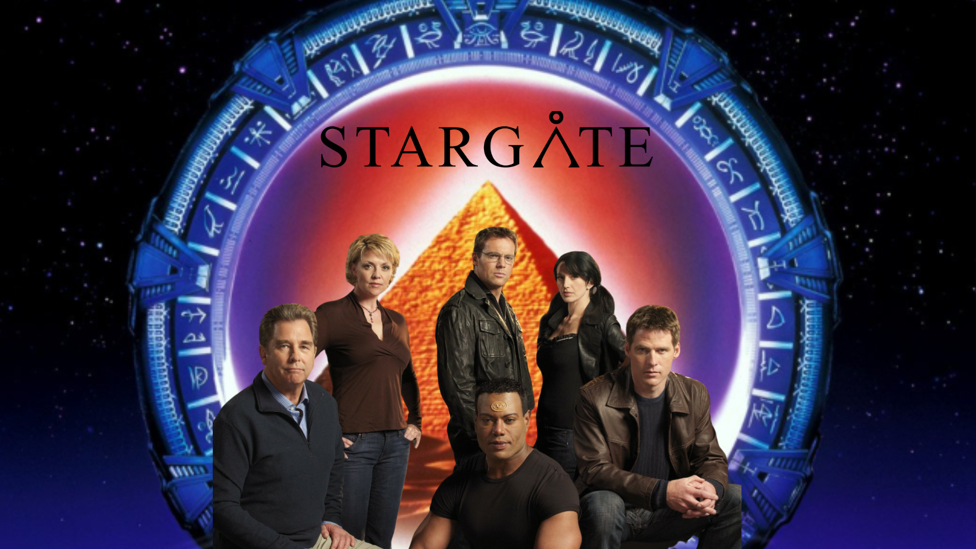 Stargate ring with glowing wormhole and SG‑1 team, setting the sci‑fi adventure tone for the franchise.
