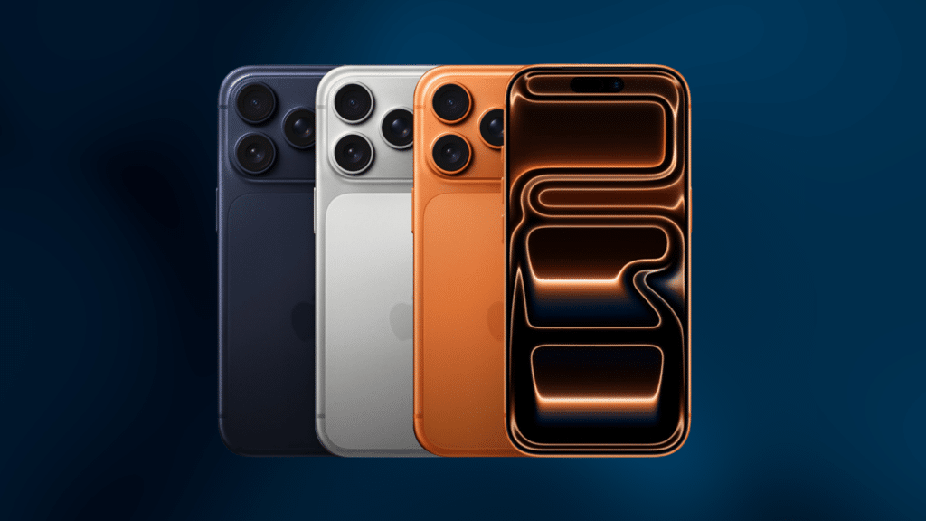 Three iPhone 17 Pro Max in blue, silver, and orange with dual cameras, plus one showing an orange-lit screen on dark background