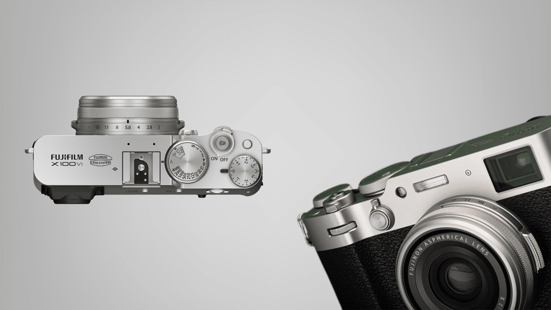 Two Fujifilm X100VI cameras, one silver top view and one silver-green, placed on a light gray background