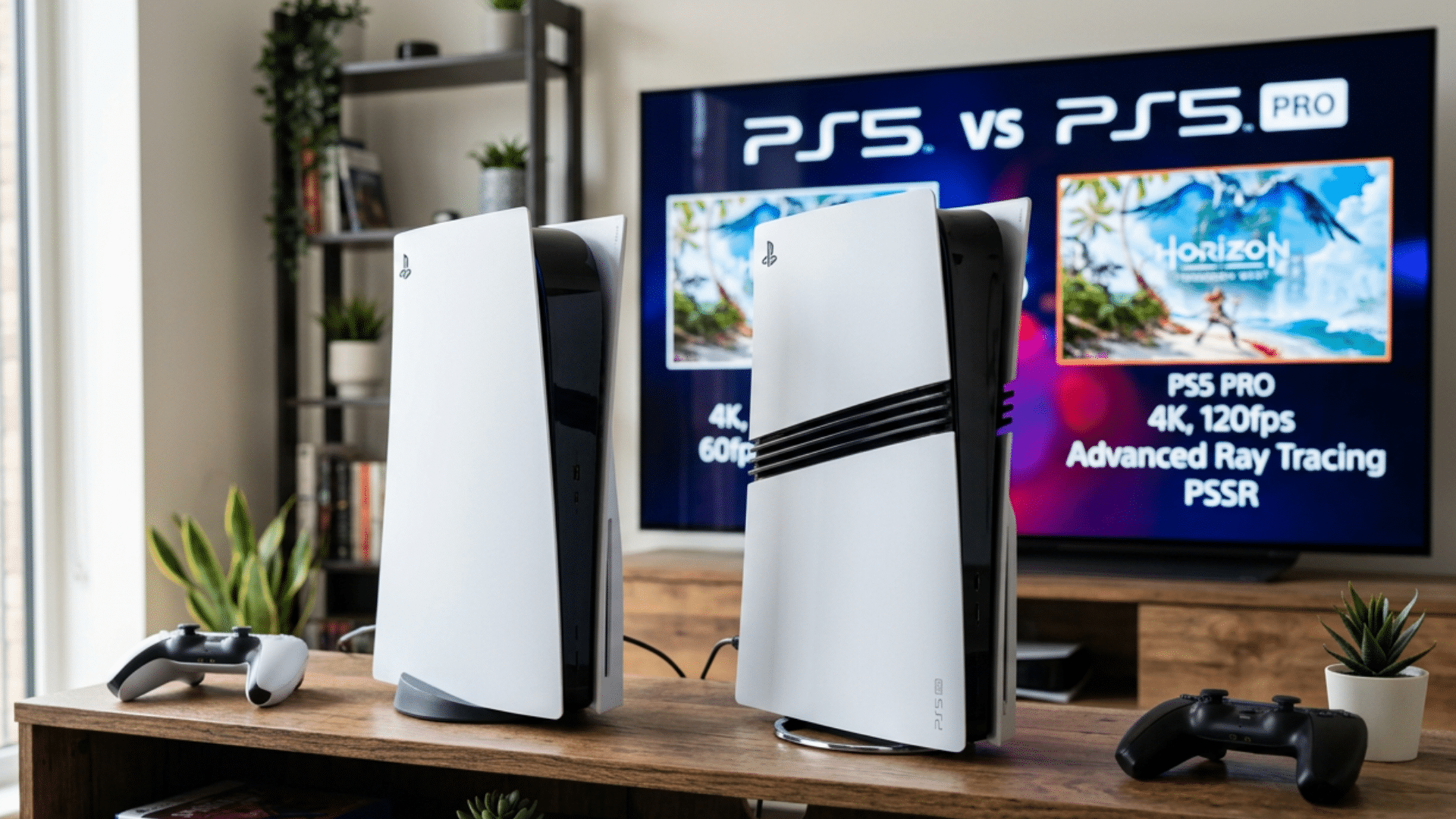 Two PS5 consoles on a wooden surface with a TV showing PS5 vs PS5 Pro and Horizon Forbidden West gameplay