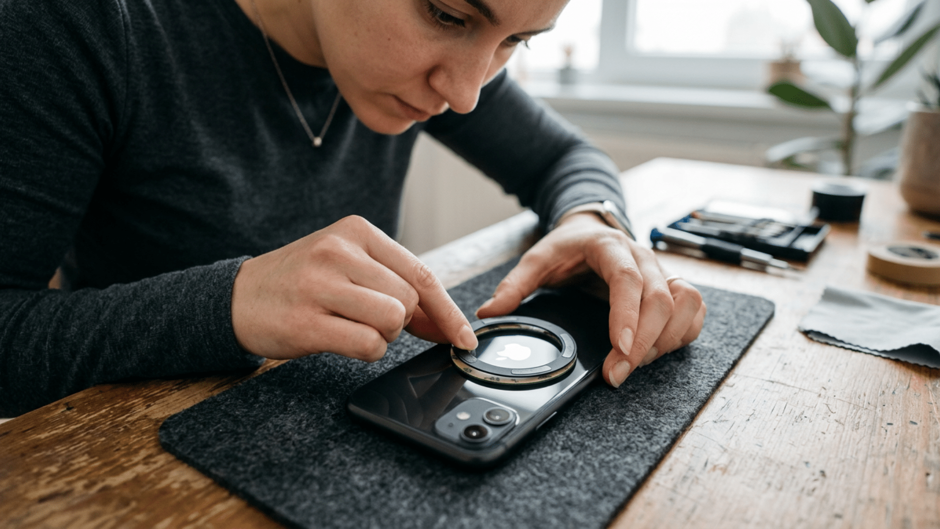 User applying a magnetic ring adapter to iPhone 11 to enable MagSafe-style accessory use