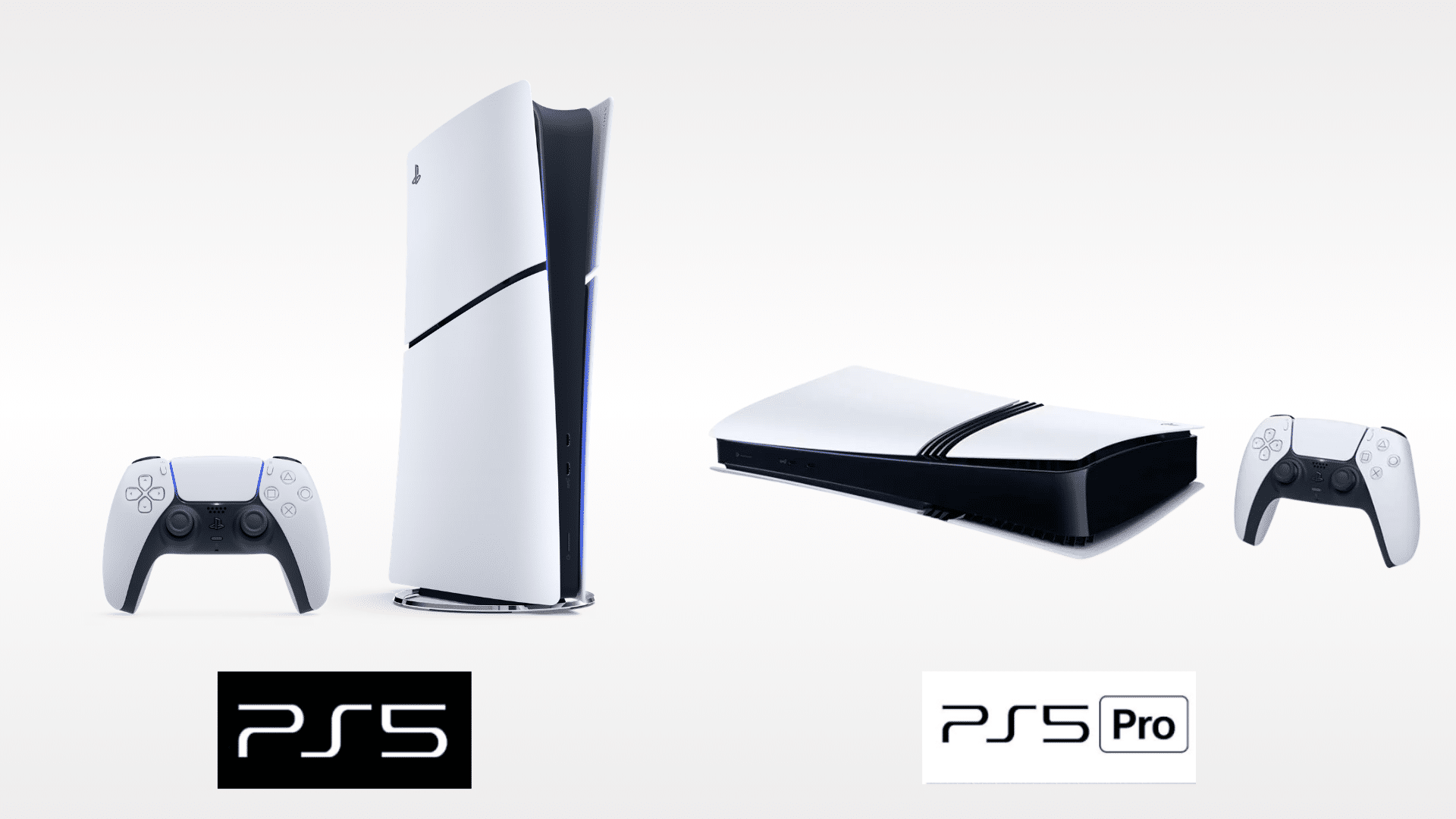 Vertical PS5 with controller compared to horizontal PS5 Pro console and controller mockup side by side