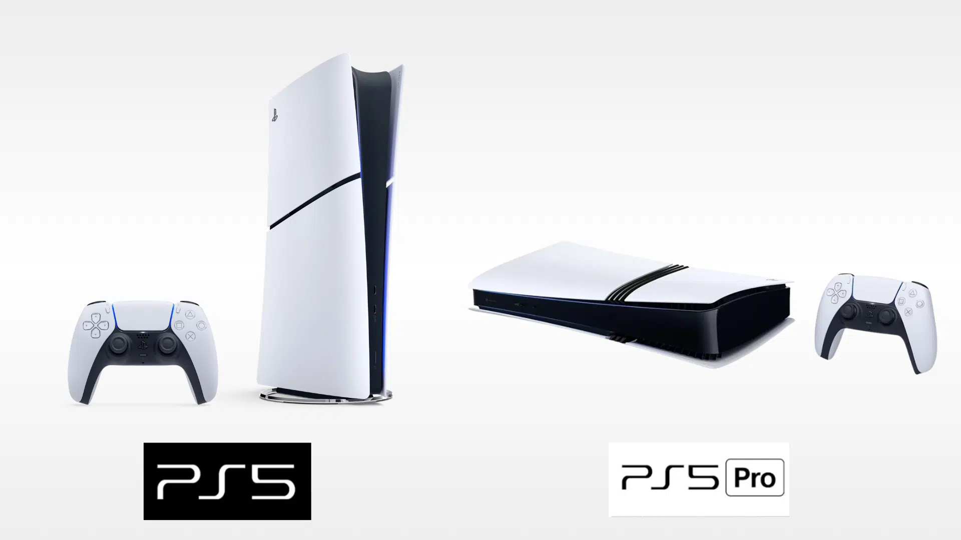 Vertical PS5 with controller compared to horizontal PS5 Pro console and controller mockup side by side