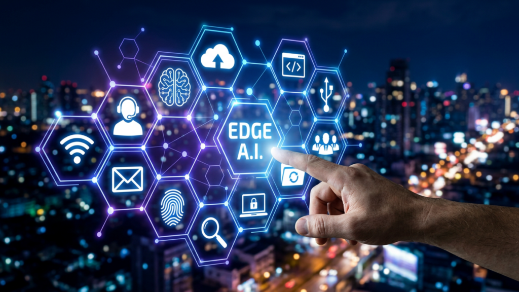 A finger touches a hexagonal display showing EDGE A.I. and various technology icons against a blurred city skyline at night
