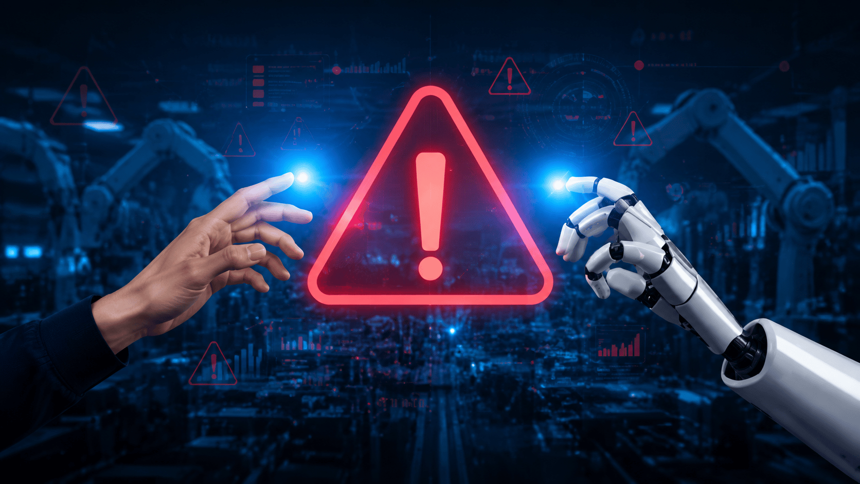 Futuristic AI factory showing robotic hand and digital alerts illustrating manufacturing adoption risks