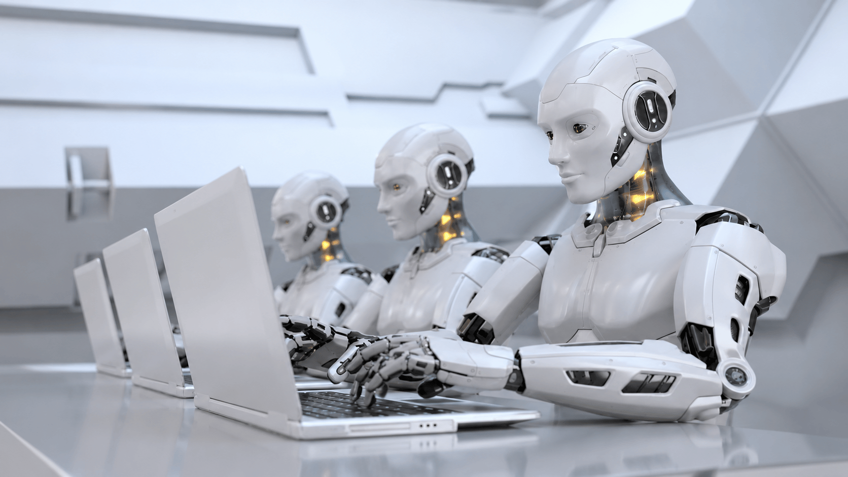 Row of humanoid robots working on laptops representing AI-driven manufacturing news and trends