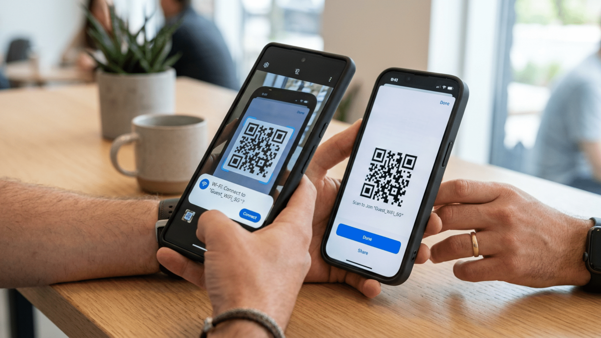 Android phone scanning a WiFi QR code generated from an iPhone connection
