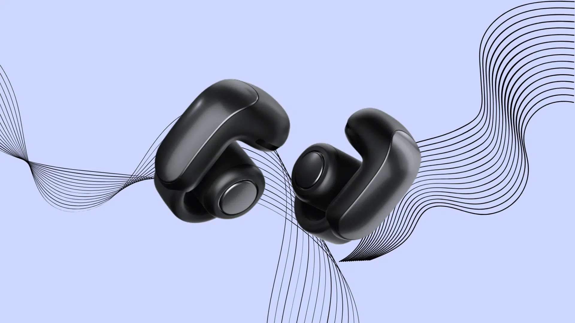 Bose Ultra Open Earbuds floating with abstract sound wave design on light background.