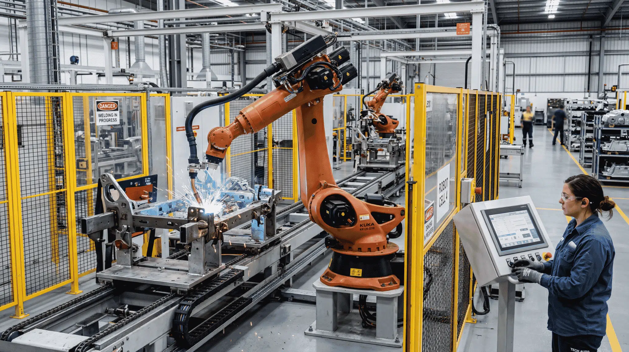An articulated robotic arm is working on welding and assembly tasks in a manufacturing factory.
