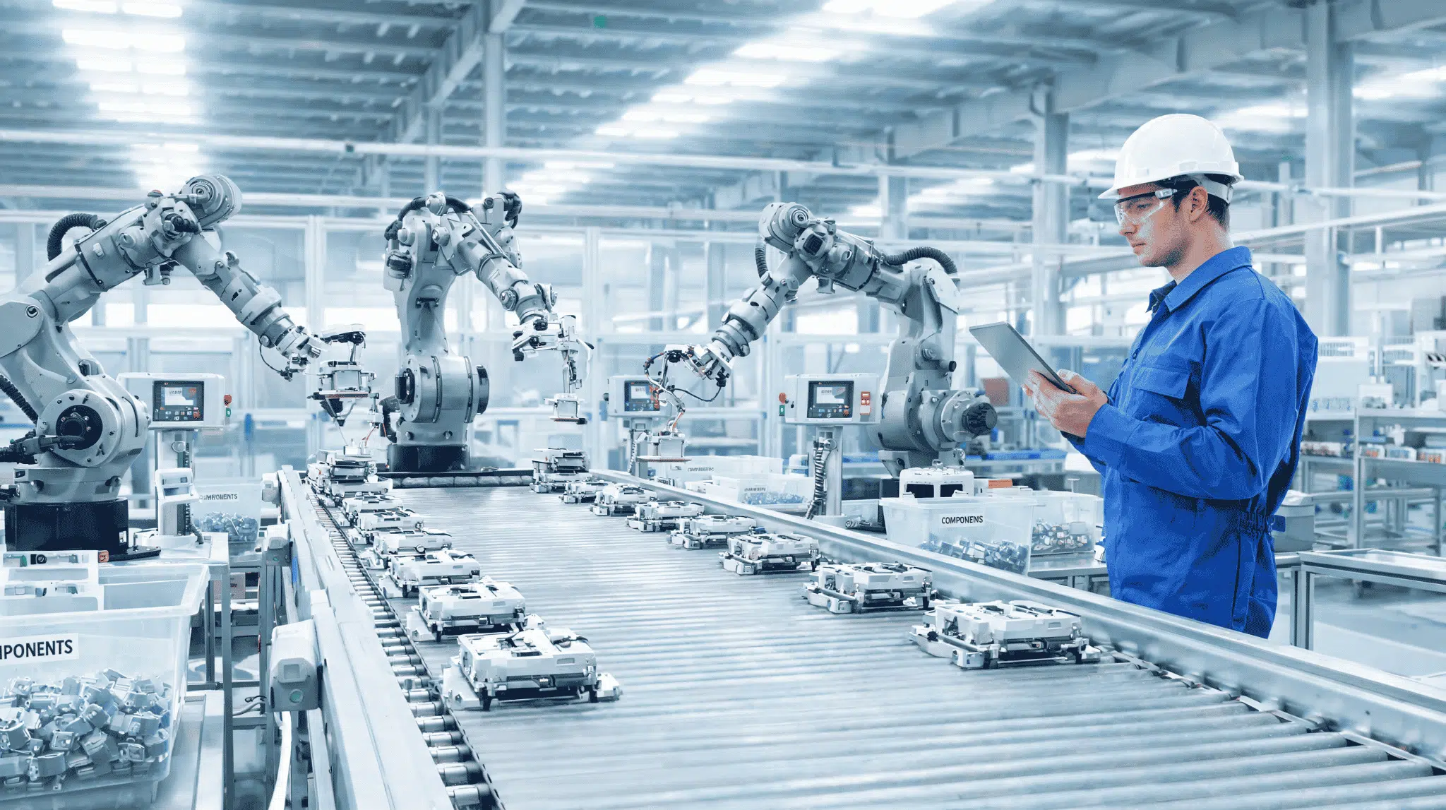 Robotic arms assembling product parts on a conveyor belt in a modern factory.