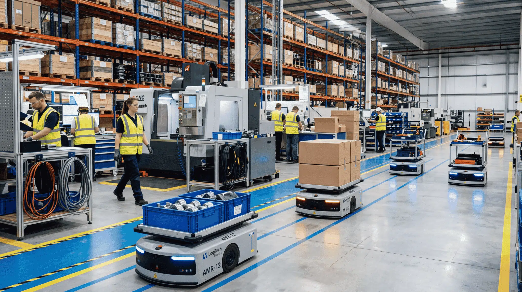 Autonomous mobile robots moving materials and finished goods across a factory floor.