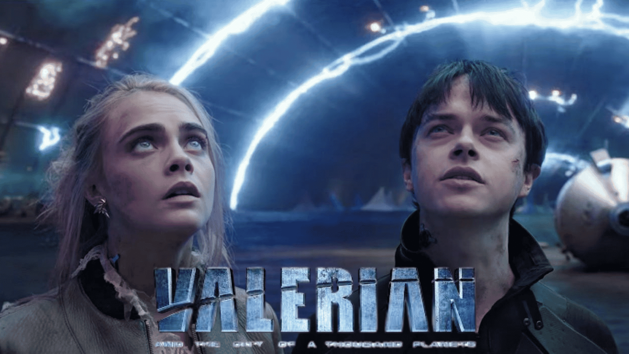 Valerian poster featuring futuristic heroes in cosmic battle.