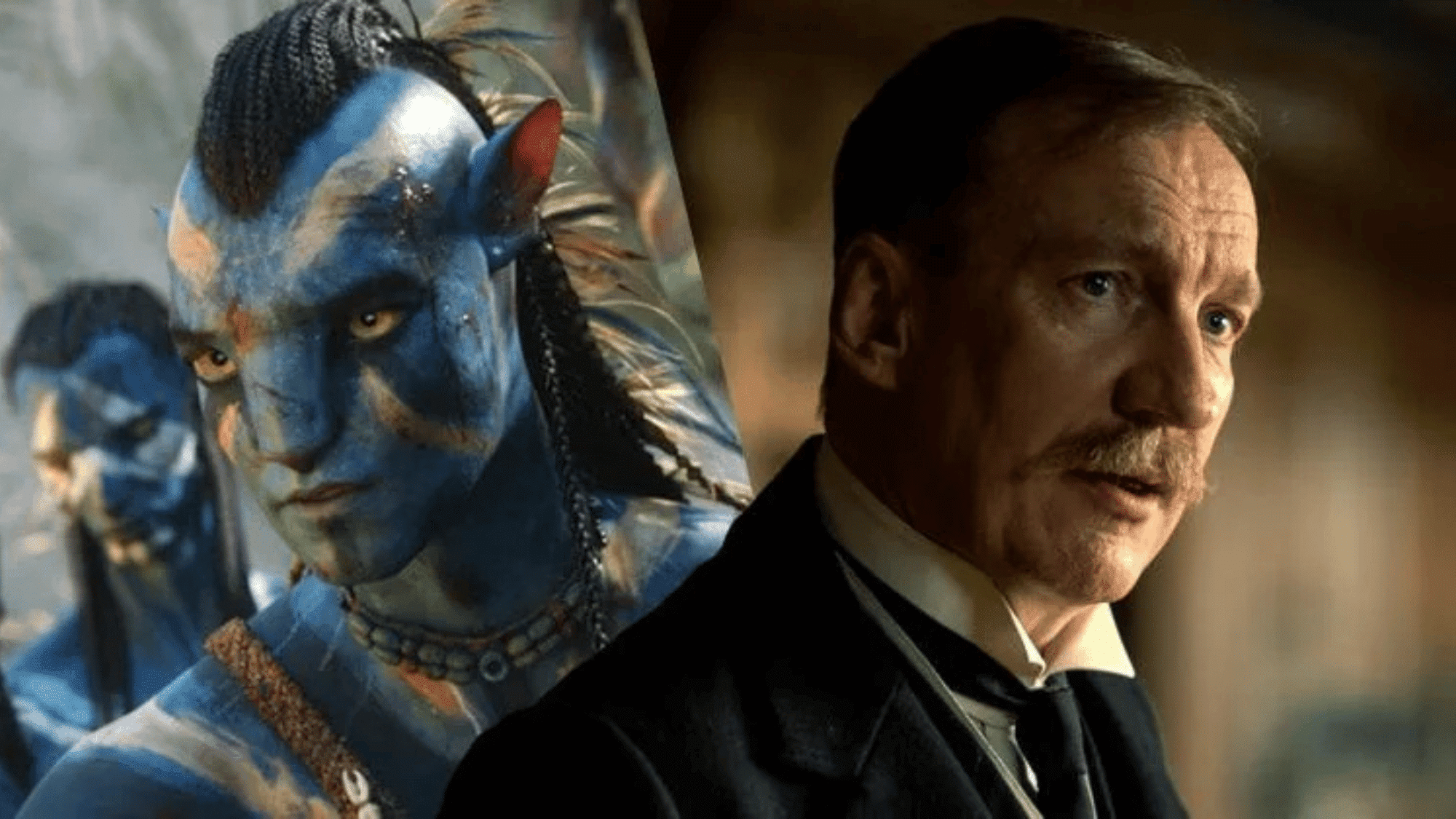 Split image featuring a blue Na’vi character from Avatar on one side and actor David Thewlis in formal attire on the other, highlighting the connection between the Avatar universe and the actor’s role in the franchise.