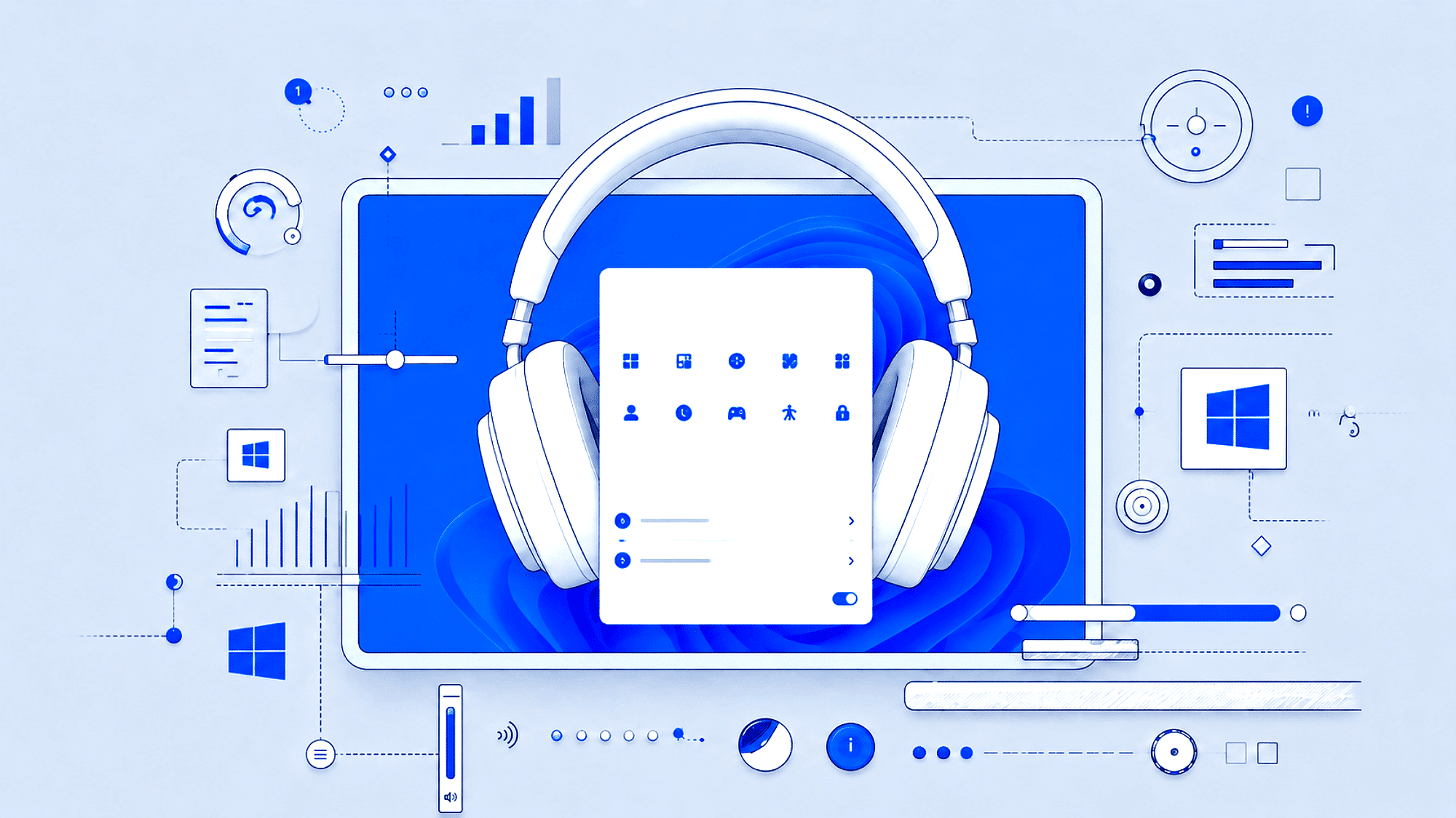 Headphones over a Windows 11 laptop with audio and settings icons
