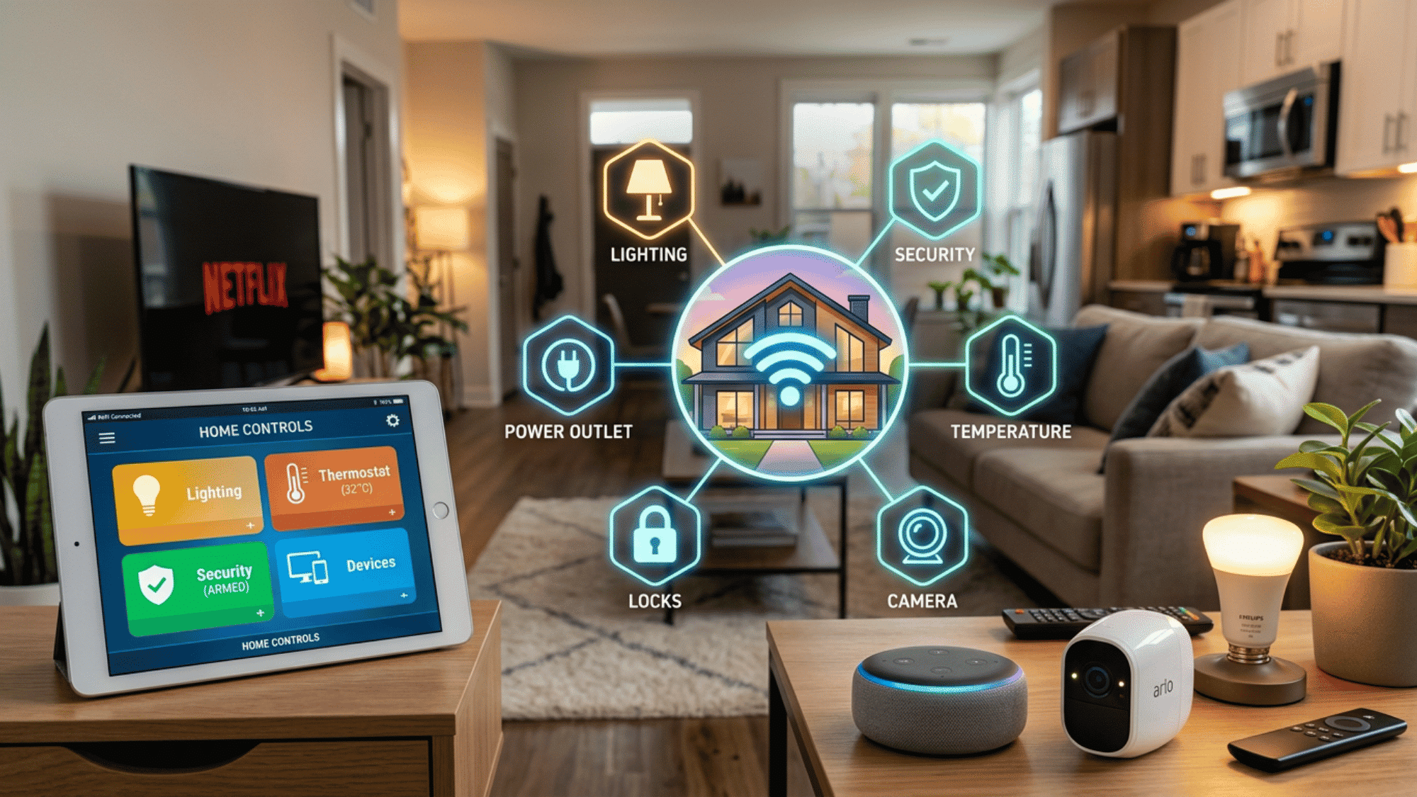 Tablet showing smart home controls with icons for lighting, security, and temperature.