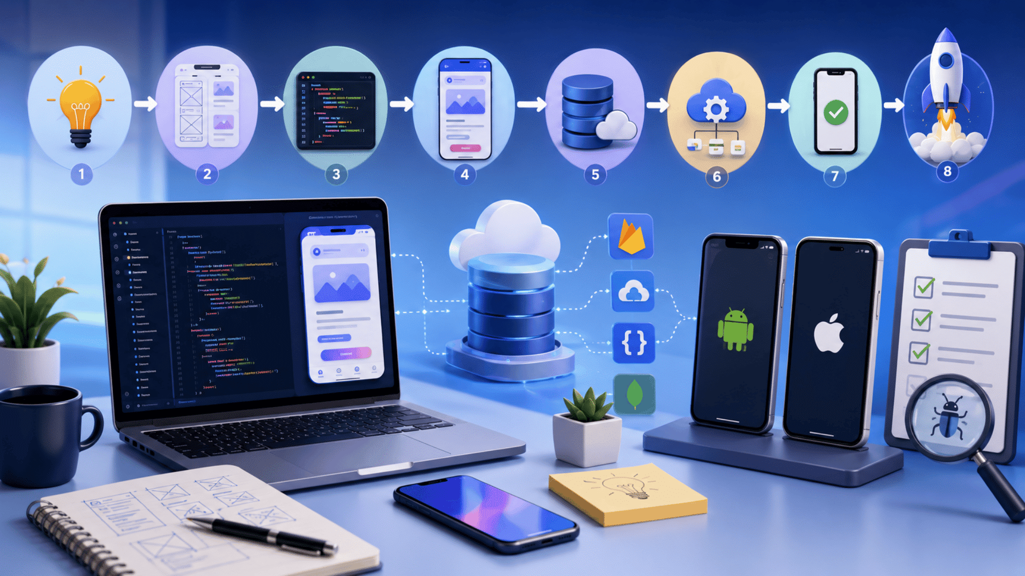 Step-by-step mobile app development workspace with coding, testing, UI design, and app launch visuals