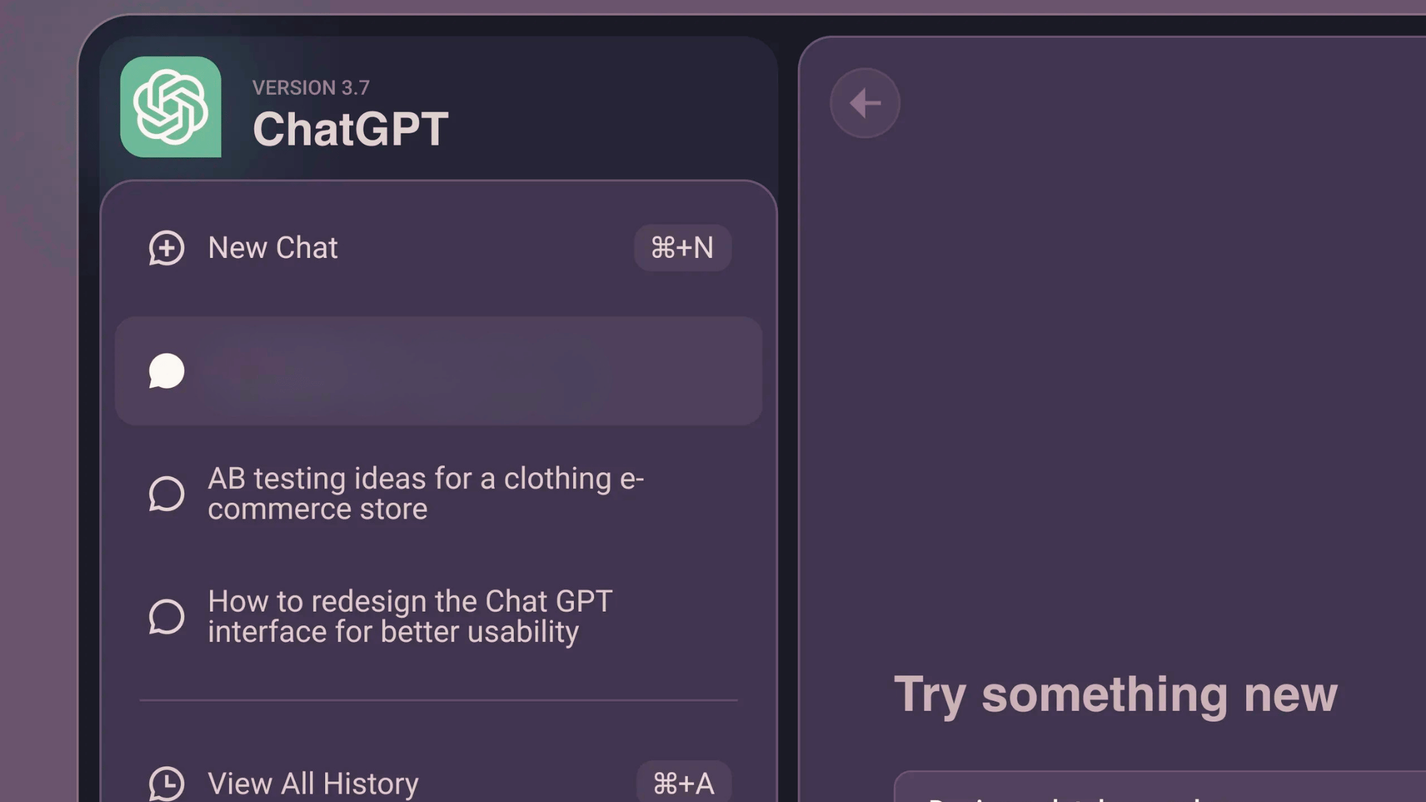 Close-up of ChatGPT interface on a dark-themed screen showing new chat options, conversation history, and a partially visible sidebar.