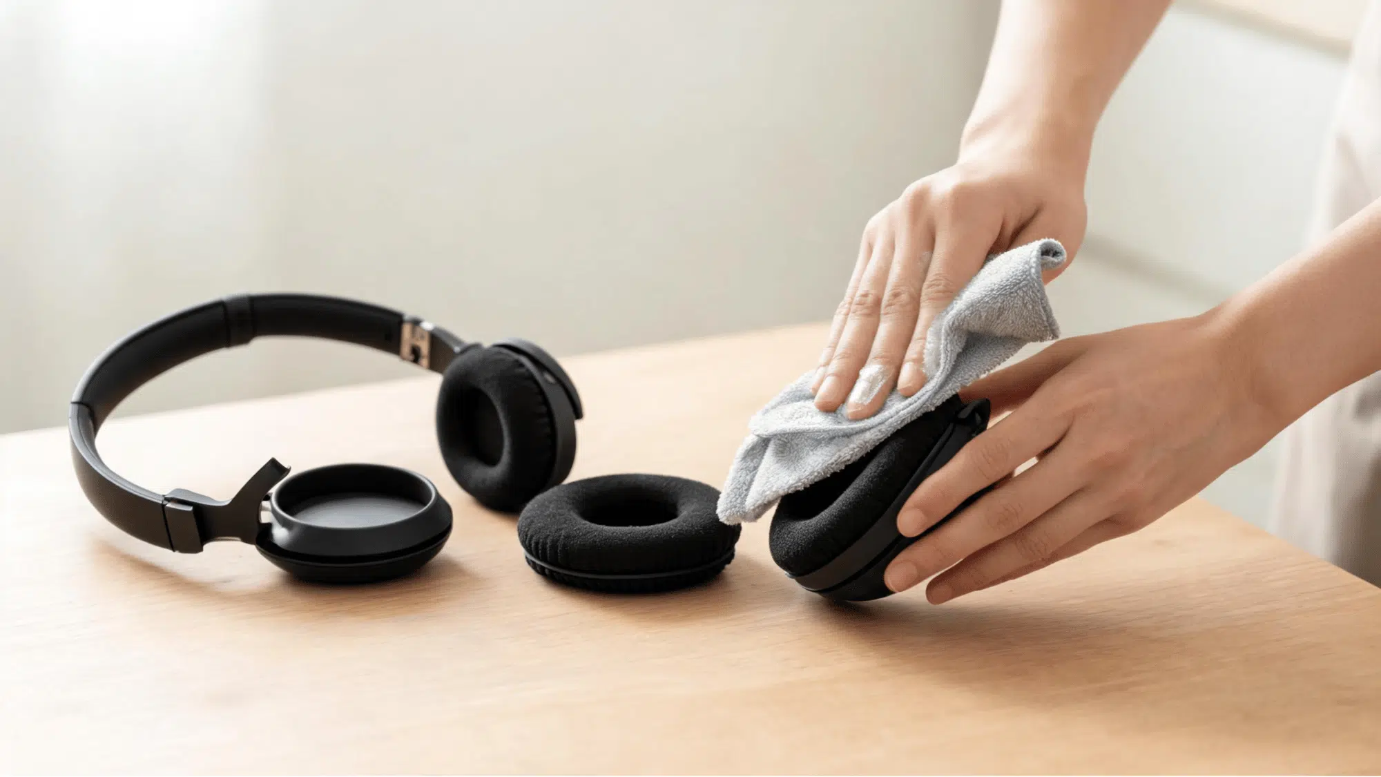 leaning detached leather ear pads with damp microfiber cloth on wood desk