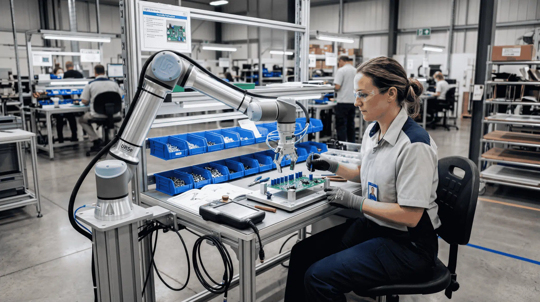 Collaborative robot working safely beside a human worker on a factory assembly task.