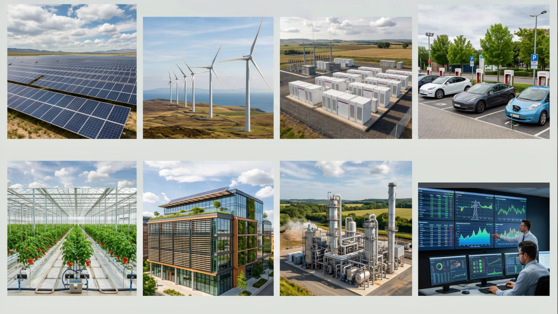 Collage of renewable energy, electric vehicles, sustainable farming, and green building technologies.