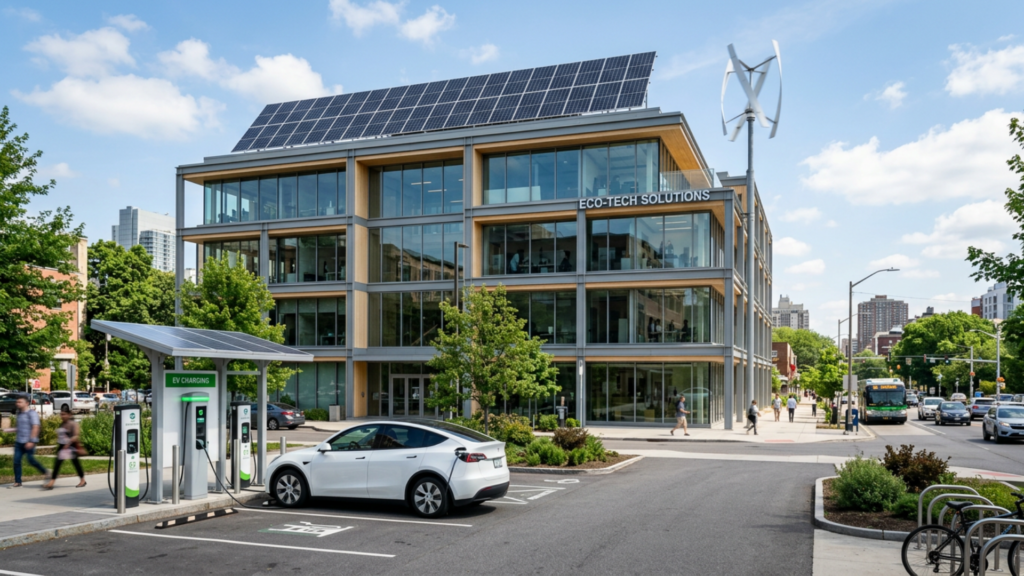 Common green technology solutions including solar power and electric vehicle charging systems