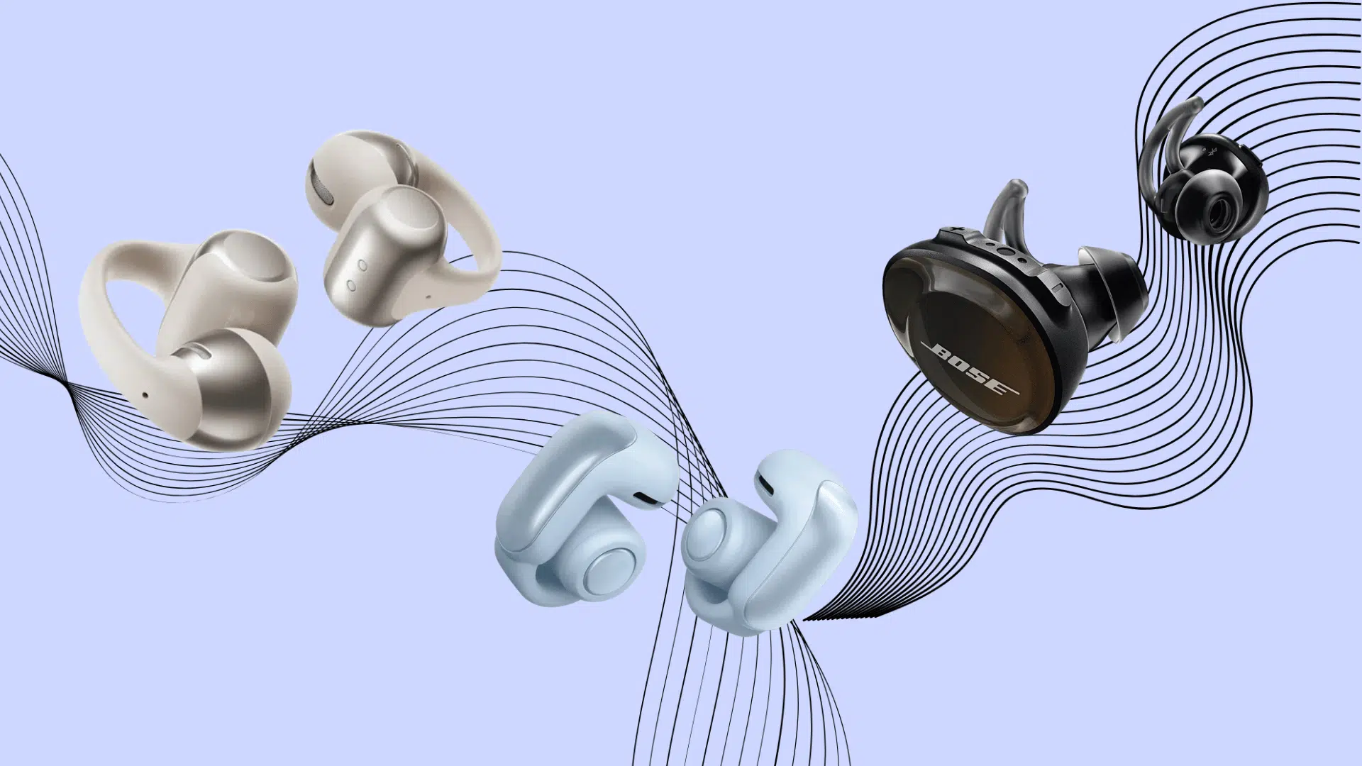 Comparison of Bose Ultra Open Earbuds with other earbuds on abstract wave background.