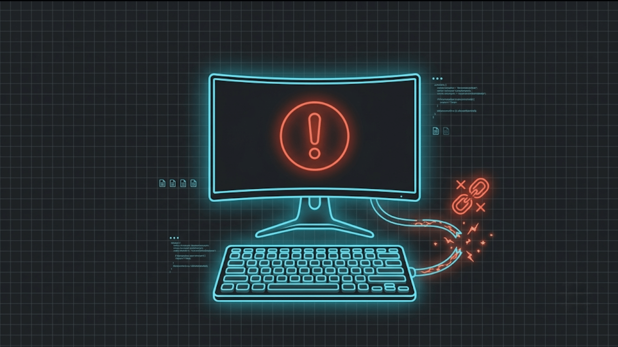 A person troubleshooting computer hardware issues surrounded by warning signs and repair tools.